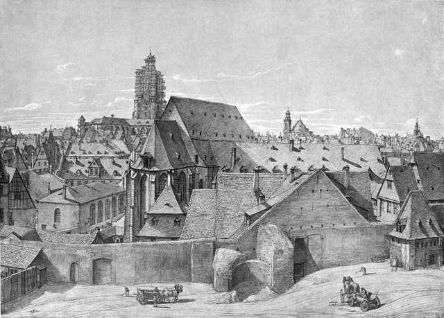 Medieval town view with scaffolded church tower and carts